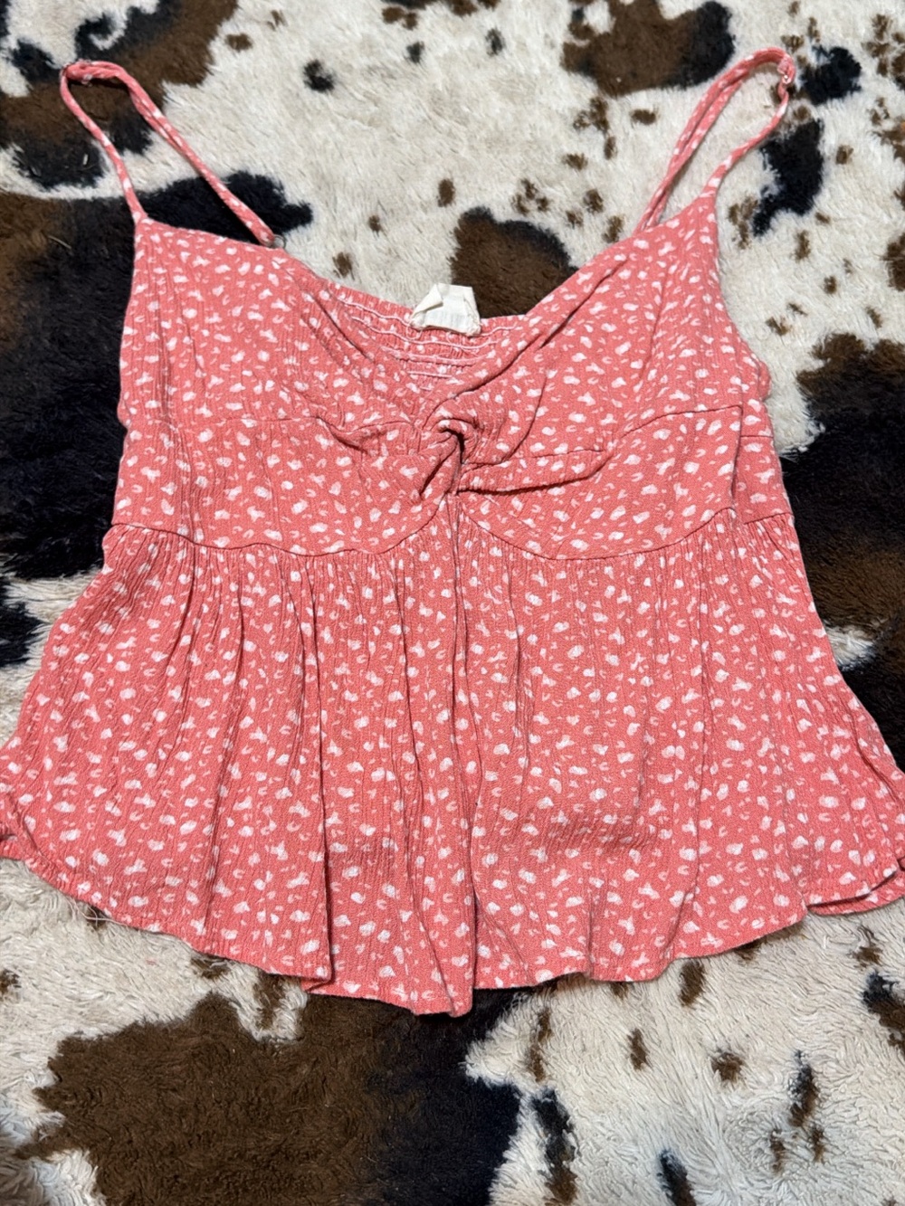 Peach Love California Coral Pink Ditsy Knot-Front Spaghetti Strap Camisole